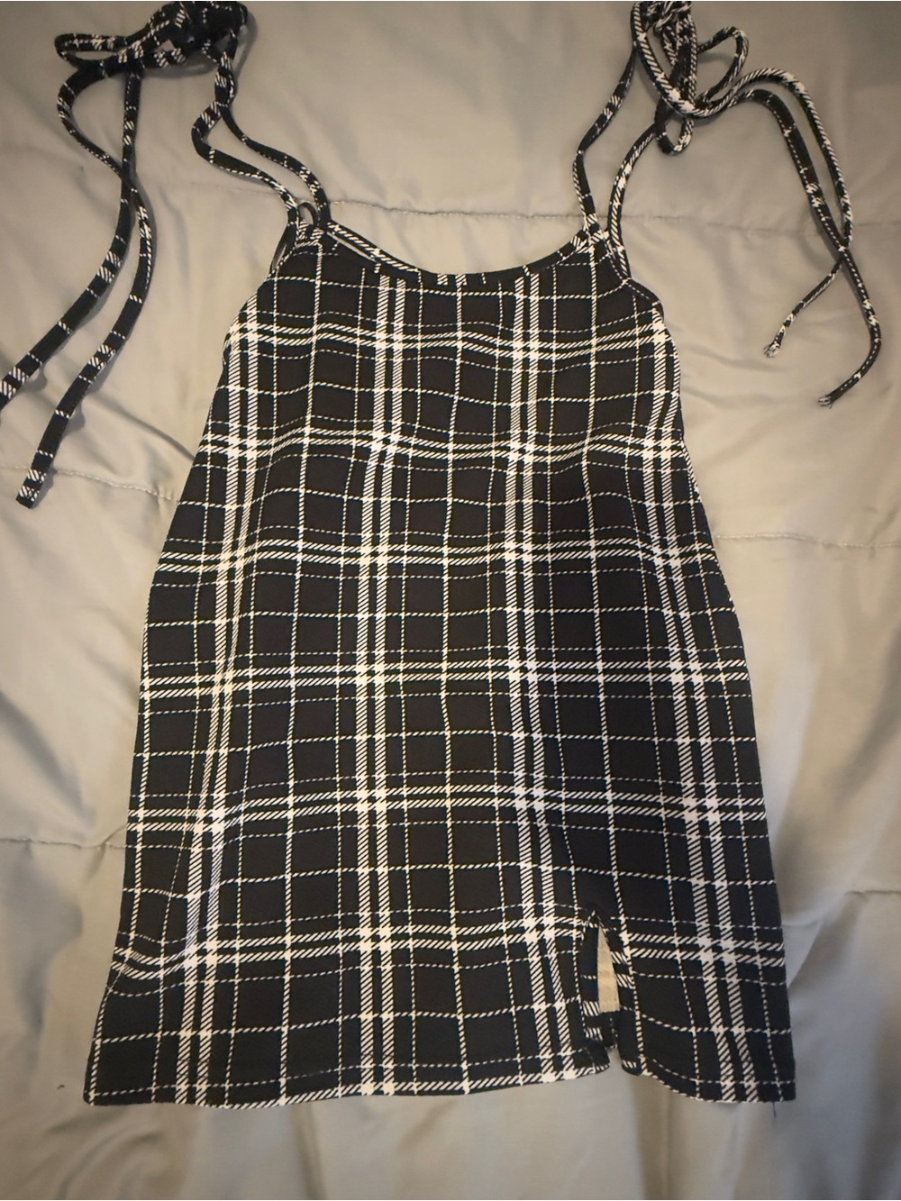SHEIN Black and White Plaid Tie-Strap Mini Dress